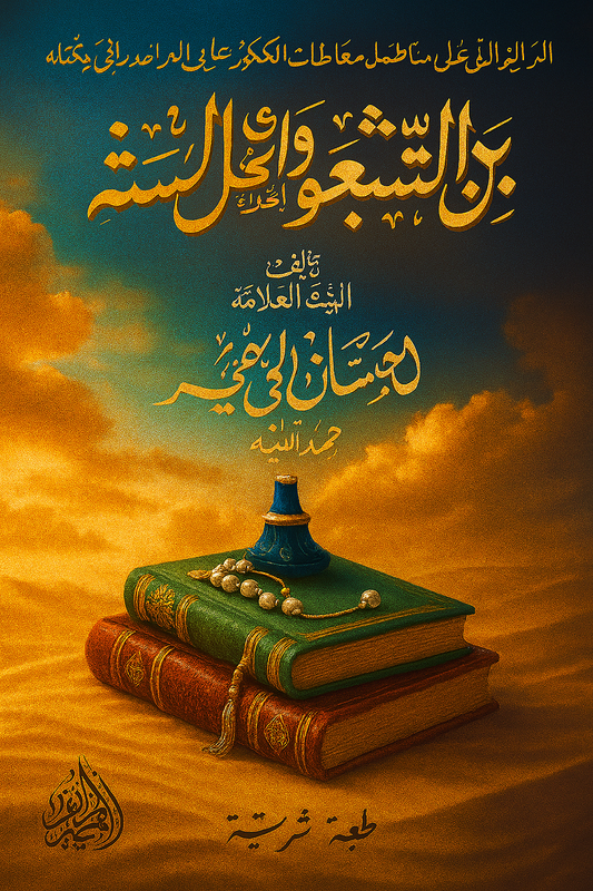 Couverture du livre arabe intitulé بين الشيعة وأهل السنة (Entre les chiites et les sunnites), écrit par le savant cheikh إحسان إلهي ظهير (Ihsan Ilahi Zaheer), رحمه الله. L’image présente un décor raffiné avec un ciel doré, des nuages stylisés et deux livres anciens posés l’un sur l’autre. Sur le dessus, un encrier traditionnel bleu et un chapelet viennent souligner le caractère religieux et académique de l’ouvrage. Le titre et le nom de l’auteur sont inscrits en calligraphie arabe dorée.