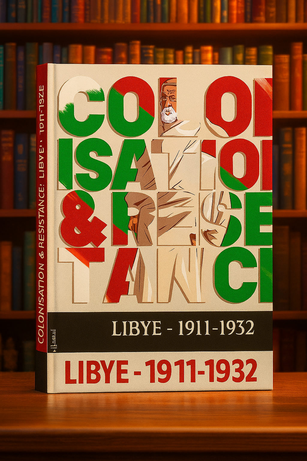 Couverture du livre Colonisation & Résistance : Libye 1911–1932, posée sur une table en bois avec une bibliothèque en arrière-plan. Le titre s'affiche en grandes lettres colorées vert, rouge et blanc, aux couleurs du drapeau libyen, avec une illustration stylisée d’un résistant libyen visible à travers les lettres. Le tout évoque la lutte anticoloniale et l’identité nationale.