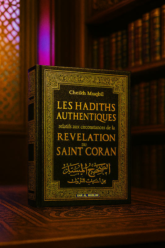 Livre "Les Hadiths Authentiques relatifs aux circonstances de la Révélation du Saint Coran" de Cheikh Muqbil, mis en valeur sur une table en bois finement sculptée, avec en arrière-plan une bibliothèque traditionnelle aux tons chauds et dorés, dans une ambiance lumineuse et majestueuse.