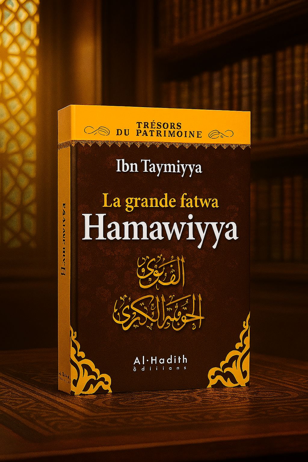 Livre "La grande fatwa Hamawiyya" d’Ibn Taymiyya, élégamment mis en valeur sur une table en bois sculpté, avec en arrière-plan une bibliothèque islamique traditionnelle baignée d’une lumière dorée et chaleureuse, évoquant le sérieux, le savoir et la richesse du patrimoine religieux.