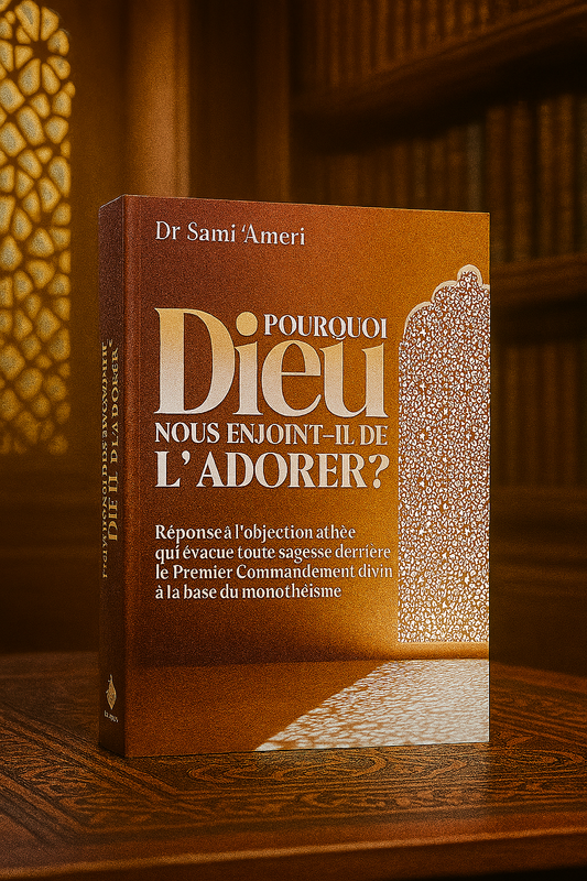 Livre "Pourquoi Dieu nous enjoint-il de L’adorer ?" du Dr Sami 'Ameri mis en valeur sur une table en bois sculpté, dans un décor de bibliothèque islamique baignée de lumière dorée, avec en arrière-plan une moucharabieh finement travaillé projetant des motifs lumineux, soulignant la profondeur spirituelle de l’ouvrage.