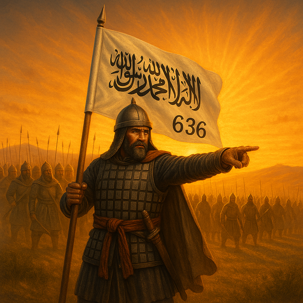 Mug noir de collection illustré d’un guerrier musulman en armure médiévale, tenant un drapeau blanc orné de la shahada et de la date « 636 », symbolisant la bataille de Yarmouk. Design 3D réaliste, coucher de soleil sur les plaines, armée musulmane à l’arrière. Idéal pour décoration, cadeau historique ou passionné d’histoire islamique.