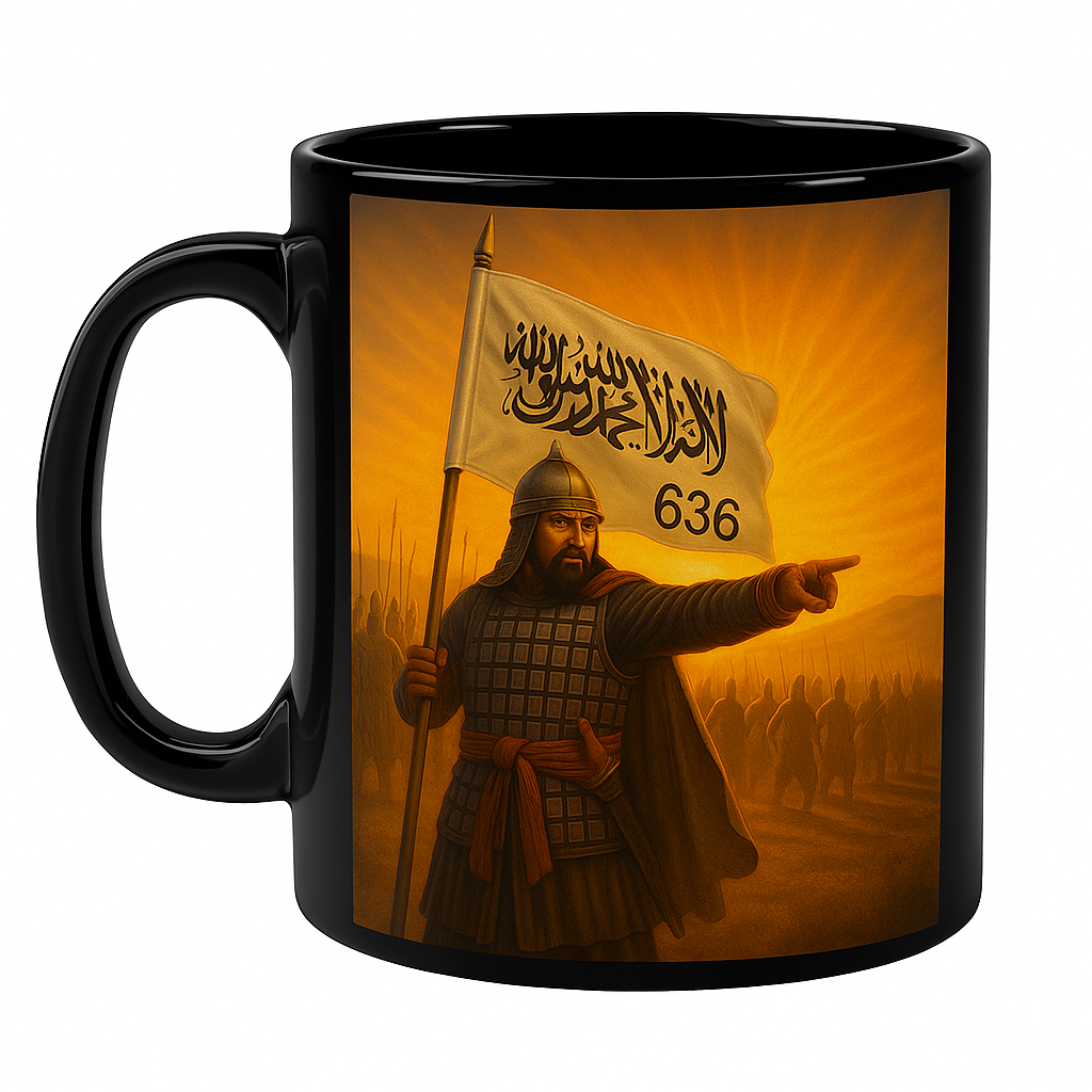 Mug noir de collection illustré d’un guerrier musulman en armure médiévale, tenant un drapeau blanc orné de la shahada et de la date « 636 », symbolisant la bataille de Yarmouk. Design 3D réaliste, coucher de soleil sur les plaines, armée musulmane à l’arrière. Idéal pour décoration, cadeau historique ou passionné d’histoire islamique.