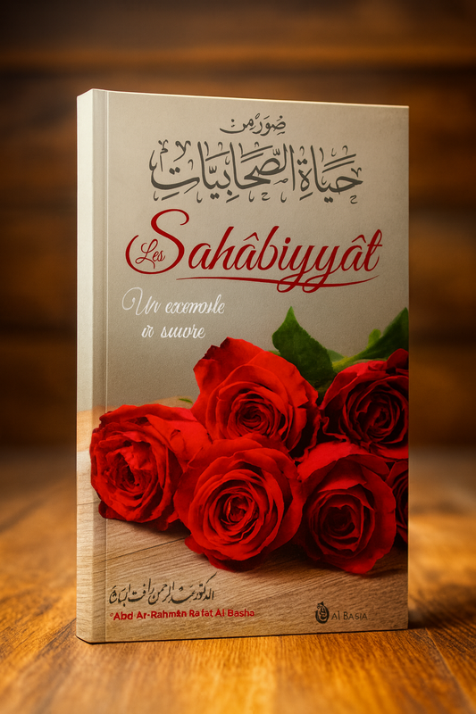 Livre islamique « Les Sahâbiyât – Un exemple à suivre » de ‘Abd Ar-Rahmân Ra’fat Al-Bâshâ, présentation en 3D avec couverture élégante ornée de roses rouges, idéal pour découvrir la vie des femmes compagnonnes du Prophète.