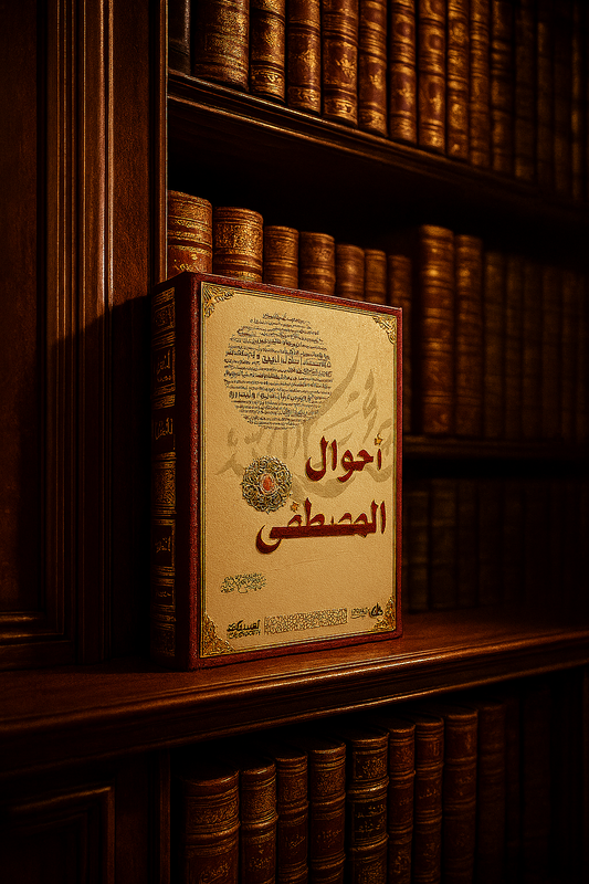 Photographie d’un livre intitulé أحوال المصطفى (Les états du Prophète al-Mustafa), mis en valeur sur une étagère en bois sombre d’une bibliothèque traditionnelle. Le livre, aux motifs arabes élégants et à l’écriture rouge sur fond clair, ressort avec éclat sous un éclairage chaleureux. Autour, des rangées de livres anciens à la reliure dorée créent une ambiance noble et spirituelle, évoquant un lieu de savoir sacré et de prestige.