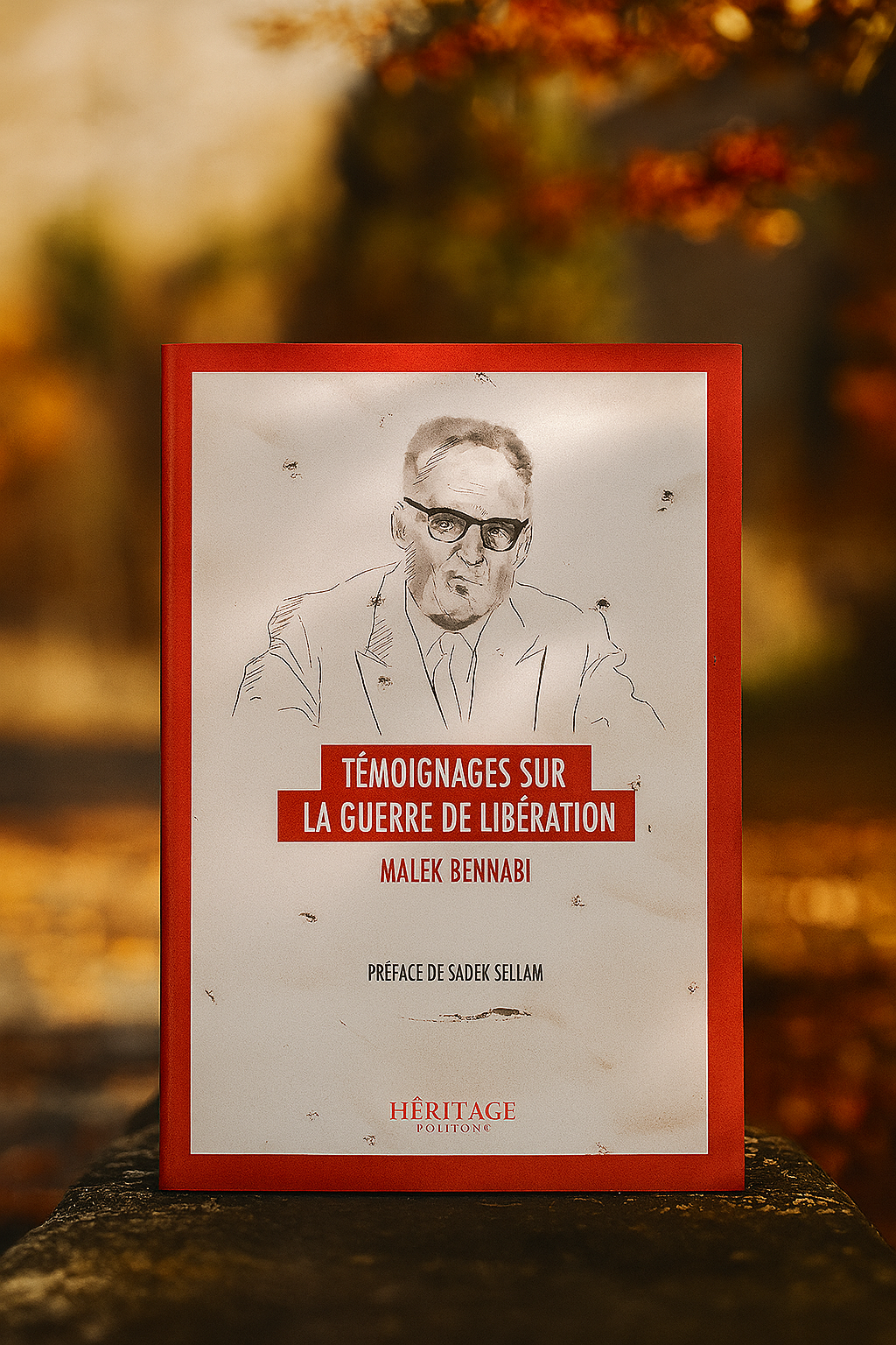 Couverture du livre Témoignages sur la Guerre de Libération de Malek Bennabi, mise en valeur dans un décor automnal chaleureux. L’ouvrage est présenté debout sur une pierre moussue, entouré de feuilles rouges et dorées, symbolisant la mémoire, le combat et la transmission historique. Une lumière douce met en relief les contours du livre, évoquant la profondeur du témoignage et la dignité du propos.
