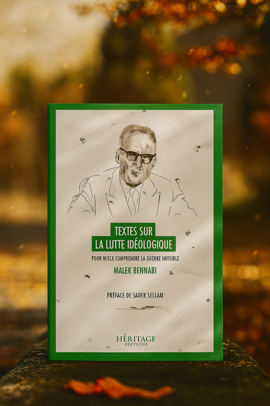 Couverture du livre Textes sur la Lutte Idéologique de Malek Bennabi, posée debout sur une pierre dans un décor automnal tamisé. Le cadre naturel, baigné de lumière dorée et de feuilles tombantes, met en valeur le vert du livre, évoquant la clarté intellectuelle et la résistance face à la guerre des idées. Une mise en scène élégante et profonde, idéale pour la boutique.