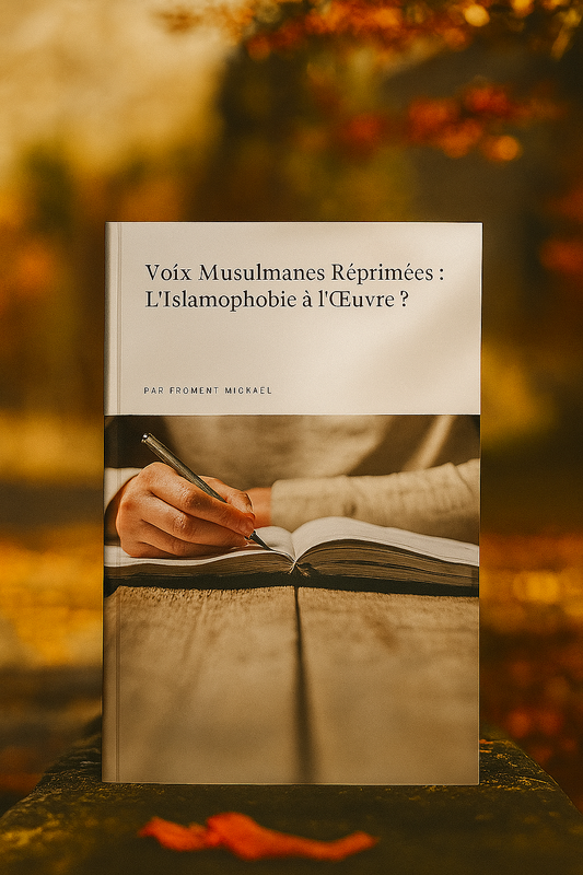 Couverture du livre Voix Musulmanes Réprimées : L'Islamophobie à l'Œuvre ? de Froment Mickaël, mise en scène sur un fond automnal chaleureux. Le livre est posé debout sur une pierre, baigné d’une lumière dorée et entouré de feuillage flou en arrière-plan. Le contraste entre la sobriété de la couverture et la richesse des couleurs environnantes attire l'œil et symbolise la dignité d’une parole étouffée dans un climat hostile.