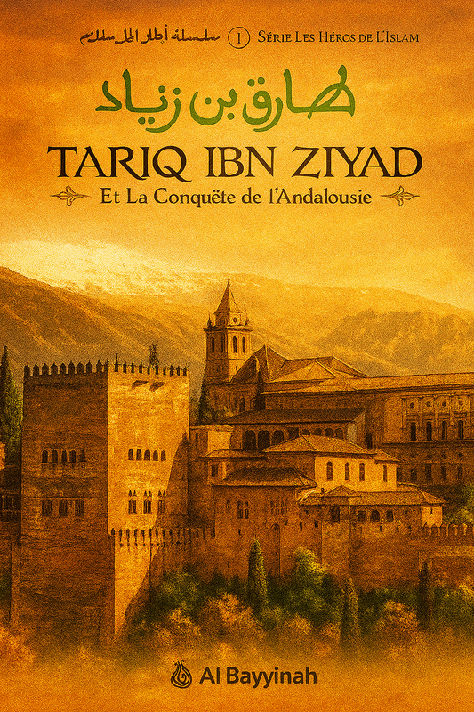 Couverture du livre Tariq Ibn Ziyad et la Conquête de l’Andalousie, issue de la collection Série Les Héros de l’Islam. Le titre est inscrit en arabe et en français, sur un fond aux tons dorés représentant l’Alhambra de Grenade, joyau de l’architecture andalouse, avec les montagnes enneigées en arrière-plan. L’ensemble évoque l’épopée historique et spirituelle de la conquête musulmane de l’Andalousie, avec en bas le logo de l’éditeur Al Bayyinah.