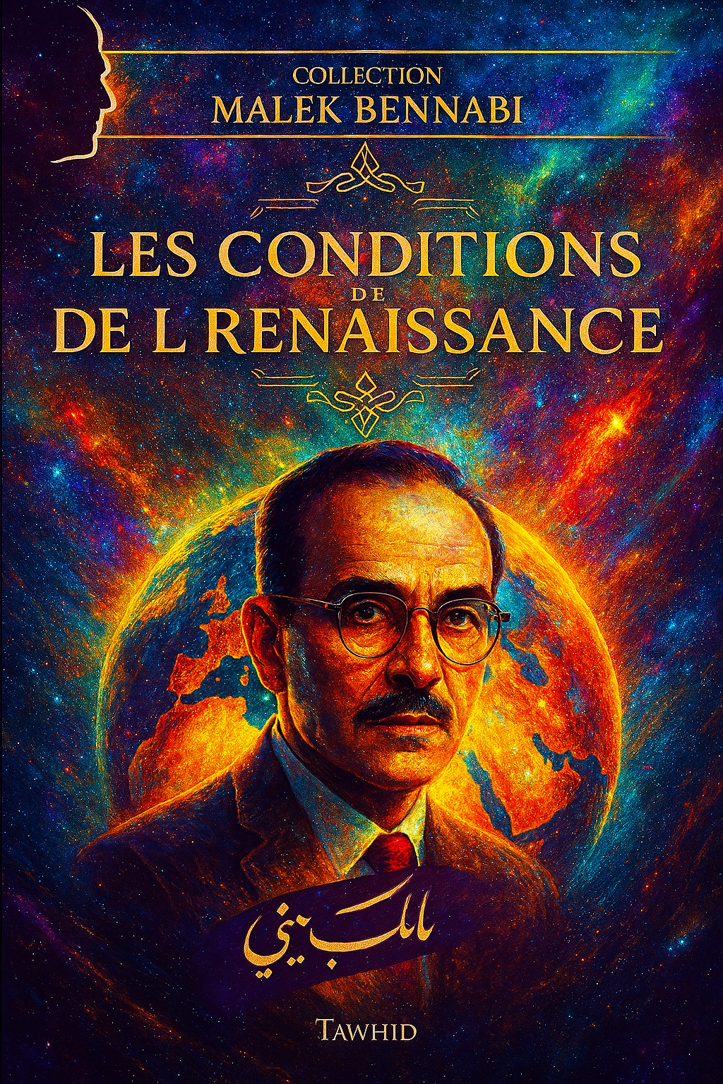 Un ouvrage incontournable, repensé dans une édition visuellement éclatante. Sur fond cosmique illuminé de nuances célestes, le penseur Malek Bennabi apparaît en majesté, comme un phare de lucidité pour notre époque. Son regard profond semble scruter les horizons d’une civilisation en quête de sens.