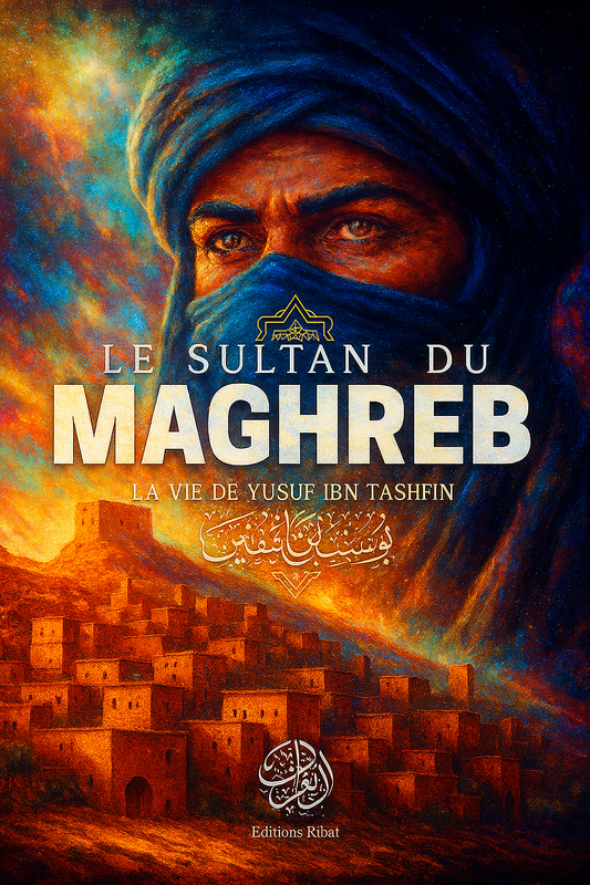 Couverture du livre Le Sultan du Maghreb publié par les Éditions Ribât – Portrait intense de Yusuf Ibn Tashfin en turban bleu, sur fond de paysage maghrébin traditionnel, ciel étoilé et montagnes ocre, style artistique vibrant et haut en couleur. Biographie historique du célèbre souverain berbère almoravide.