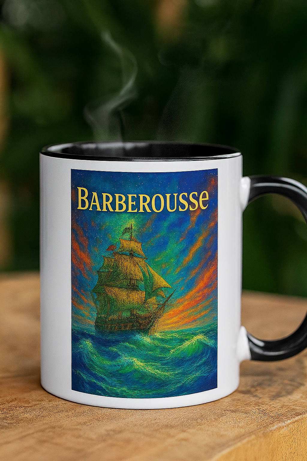 Mug en céramique Barberousse avec illustration éclatante d’un navire ottoman naviguant sur des vagues émeraude sous un ciel flamboyant. Design haut en couleur inspiré de l’histoire maritime, parfait pour savourer un café ou un thé avec style. Intérieur noir brillant, vapeur visible – idéal pour une boutique orientée histoire, mer ou culture ottomane.