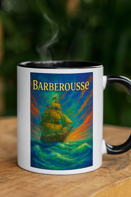 Mug en céramique Barberousse avec illustration éclatante d’un navire ottoman naviguant sur des vagues émeraude sous un ciel flamboyant. Design haut en couleur inspiré de l’histoire maritime, parfait pour savourer un café ou un thé avec style. Intérieur noir brillant, vapeur visible – idéal pour une boutique orientée histoire, mer ou culture ottomane.