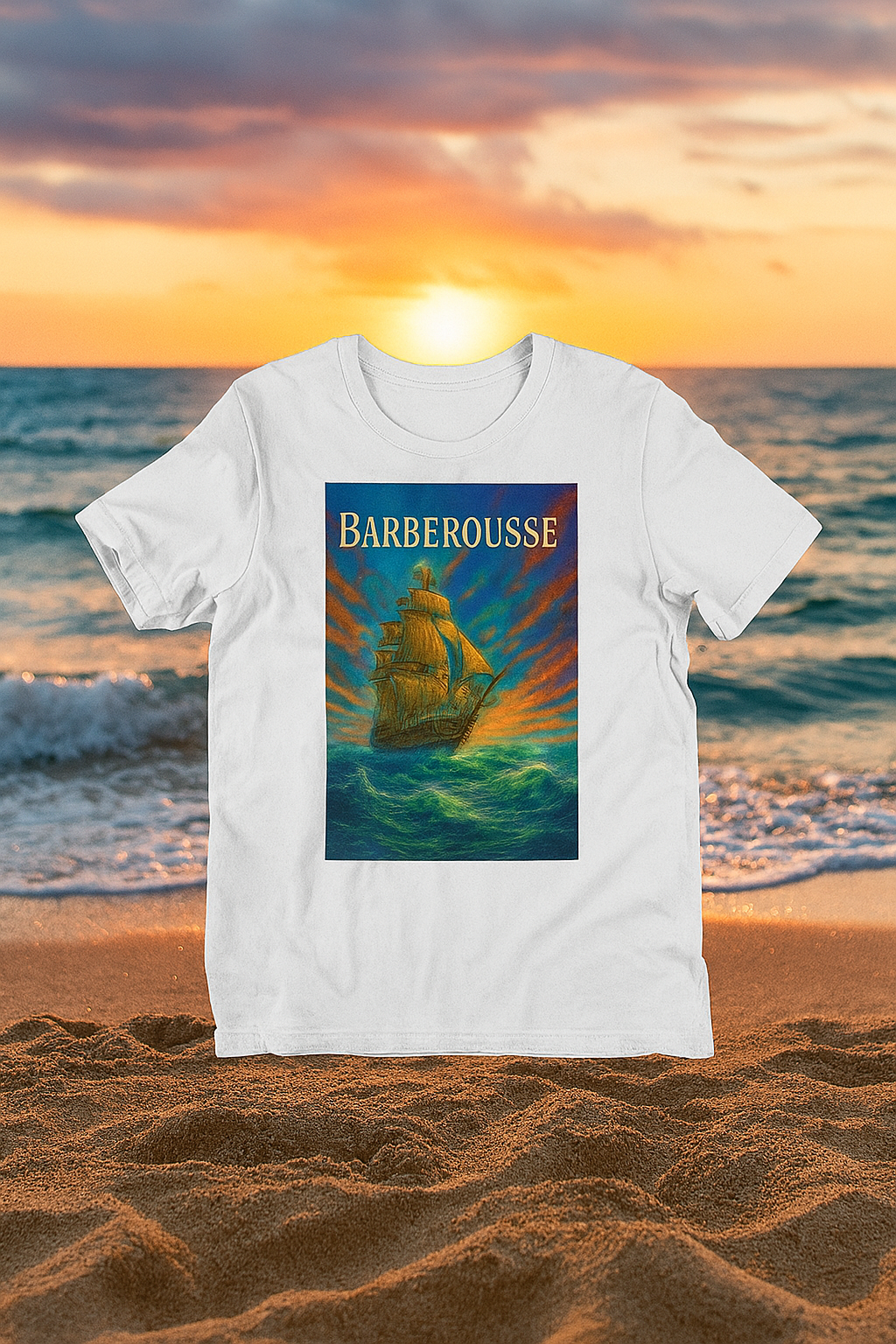 T-shirt blanc Barberousse avec impression artistique vibrante d’un navire ottoman affrontant des vagues tourbillonnantes sous un ciel flamboyant. Design inspiré de l’histoire maritime, mis en scène sur fond en bois chaleureux avec accessoires lifestyle : veste en jean, sneakers, café et carnet. Produit haut en couleur et visuellement accrocheur, idéal pour une boutique culturelle ou orientale.