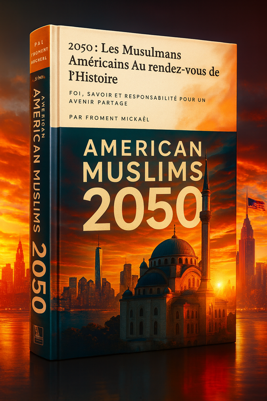 Livre “2050 : Les Musulmans Américains au rendez-vous de l’Histoire”, couverture 3D montrant une mosquée et le skyline des États-Unis au coucher du soleil, symbole de l’avenir des musulmans en Amérique.