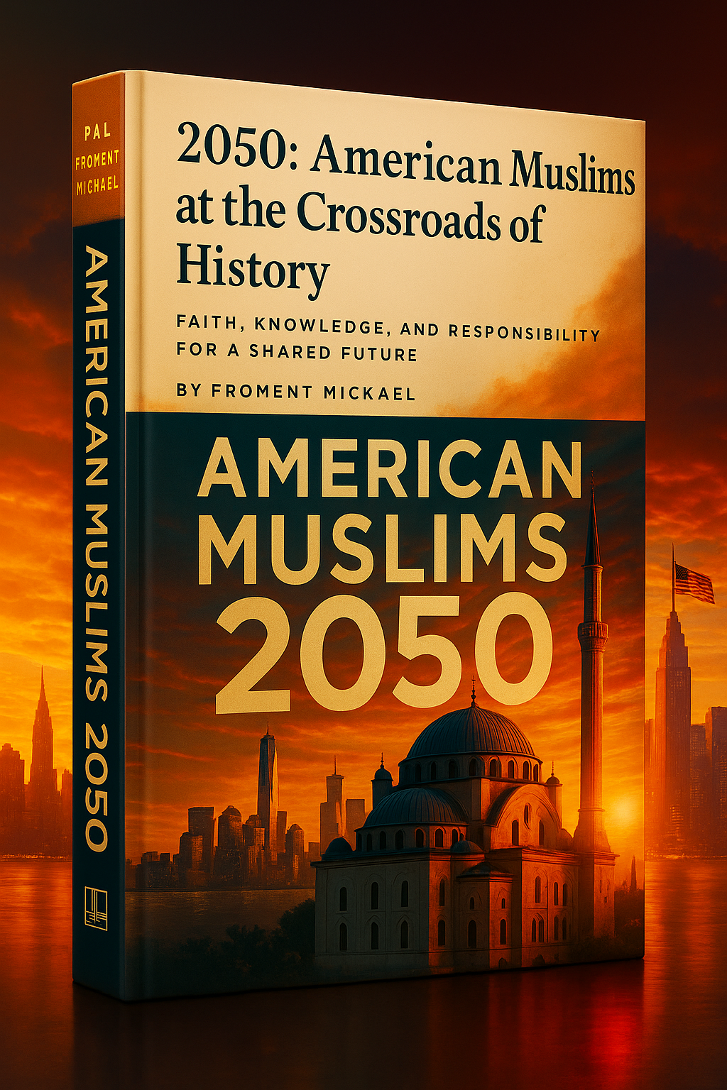 “2050: American Muslims at the Crossroads of History” book cover by Froment Mickaël, depicting a mosque and the American skyline, exploring the future of Islam and Muslim identity in the United States.