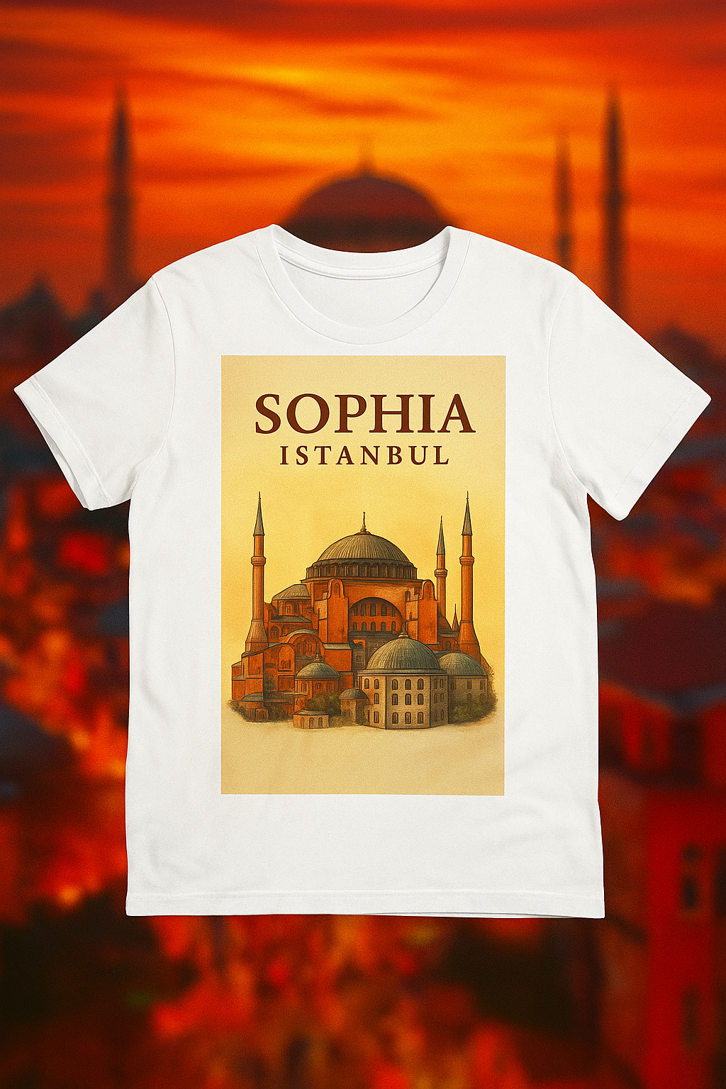 T-shirt blanc mettant en valeur une illustration chaleureuse et détaillée de la mosquée Sainte-Sophie (Ayasofya) d’Istanbul, sur fond de coucher de soleil aux teintes orangées. Le visuel est centré sur le torse et encadré par l’inscription élégante “SOPHIA ISTANBUL” en lettres majuscules. Un design raffiné et évocateur qui rend hommage à l’architecture ottomane et à l’âme d’Istanbul. Idéal pour les amoureux de culture, de spiritualité et d’histoire.