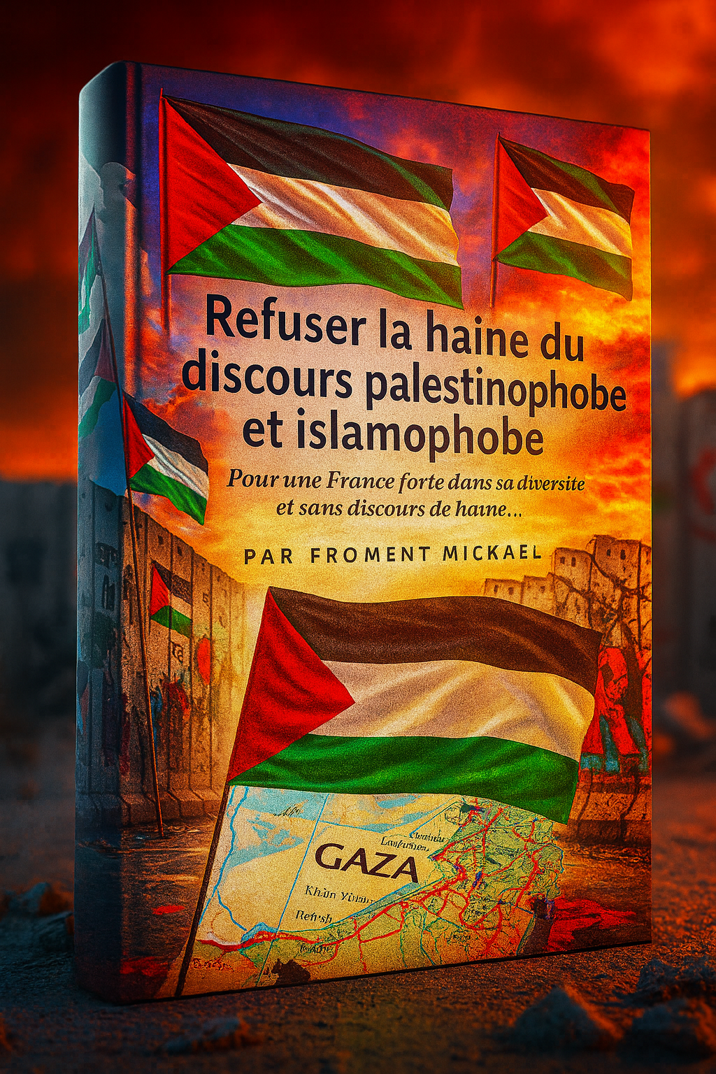 Livre 3D « Refuser la haine du discours palestinophobe et islamophobe » – Froment Mickaël, couverture avec drapeaux palestiniens et carte de Gaza, style HDR, décor urbain.