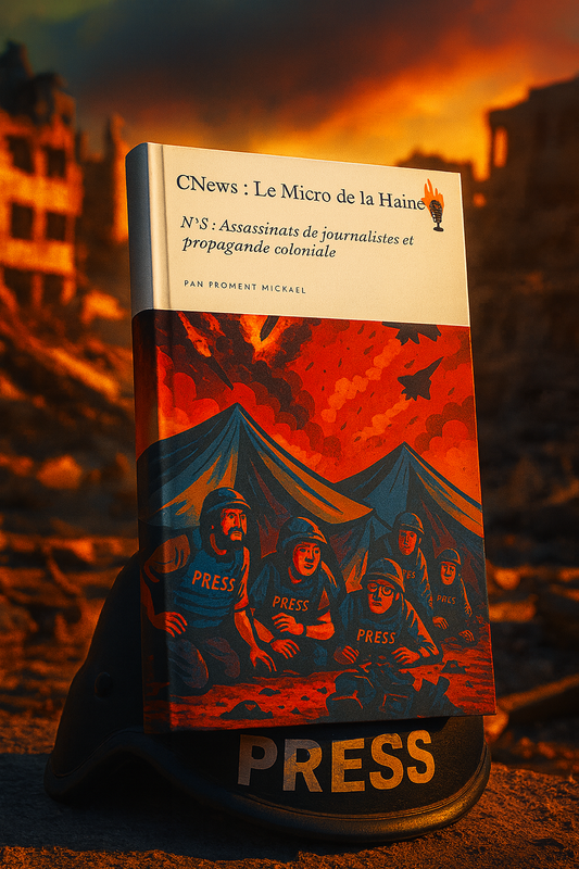 Livret "CNews : Le Micro de la Haine – N°5 : Assassinats de journalistes et propagande coloniale". Analyse engagée sur les crimes de guerre à Gaza, le massacre de journalistes palestiniens, la propagande de CNews, la désinformation autour du Hamas et le projet colonial du Grand Israël.