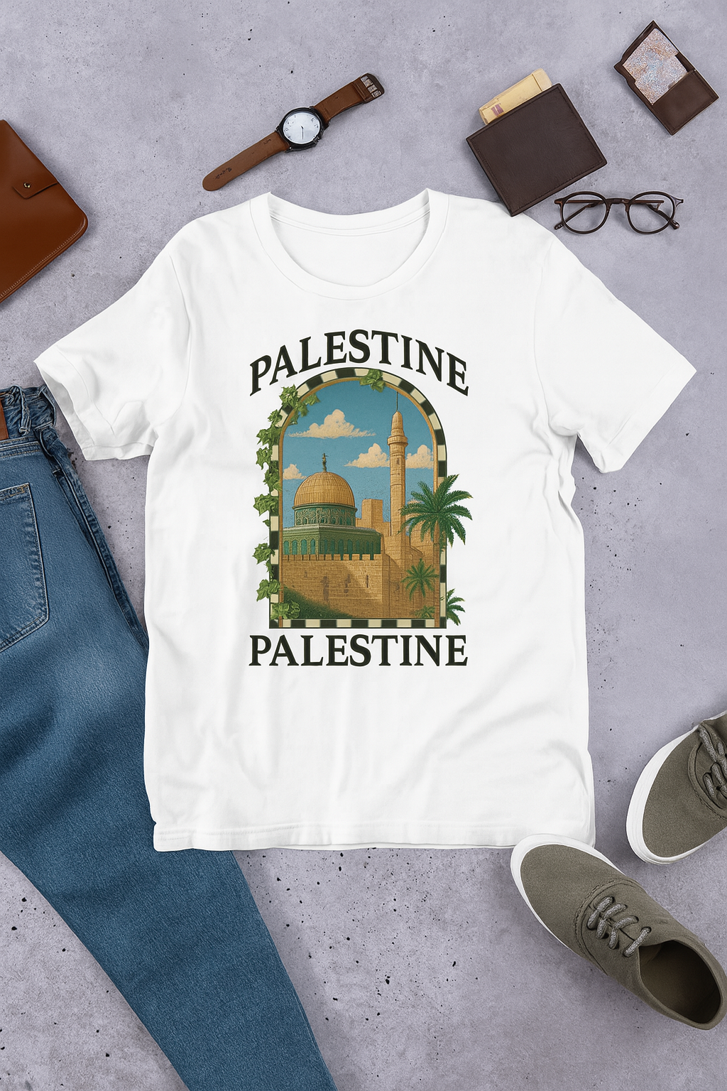 T-shirt blanc plié à plat sur un fond en béton gris clair, accompagné d’accessoires élégants : une montre en cuir, des lunettes, un portefeuille, un carnet, un jean et des baskets vert olive. Le t-shirt arbore une illustration en style vintage représentant la mosquée du Dôme du Rocher et un minaret dans une arche entourée de feuillage, avec l’inscription “PALESTINE” en haut et en bas. L’ambiance évoque un style méditerranéen et affirmé, à la fois artistique et engagé.