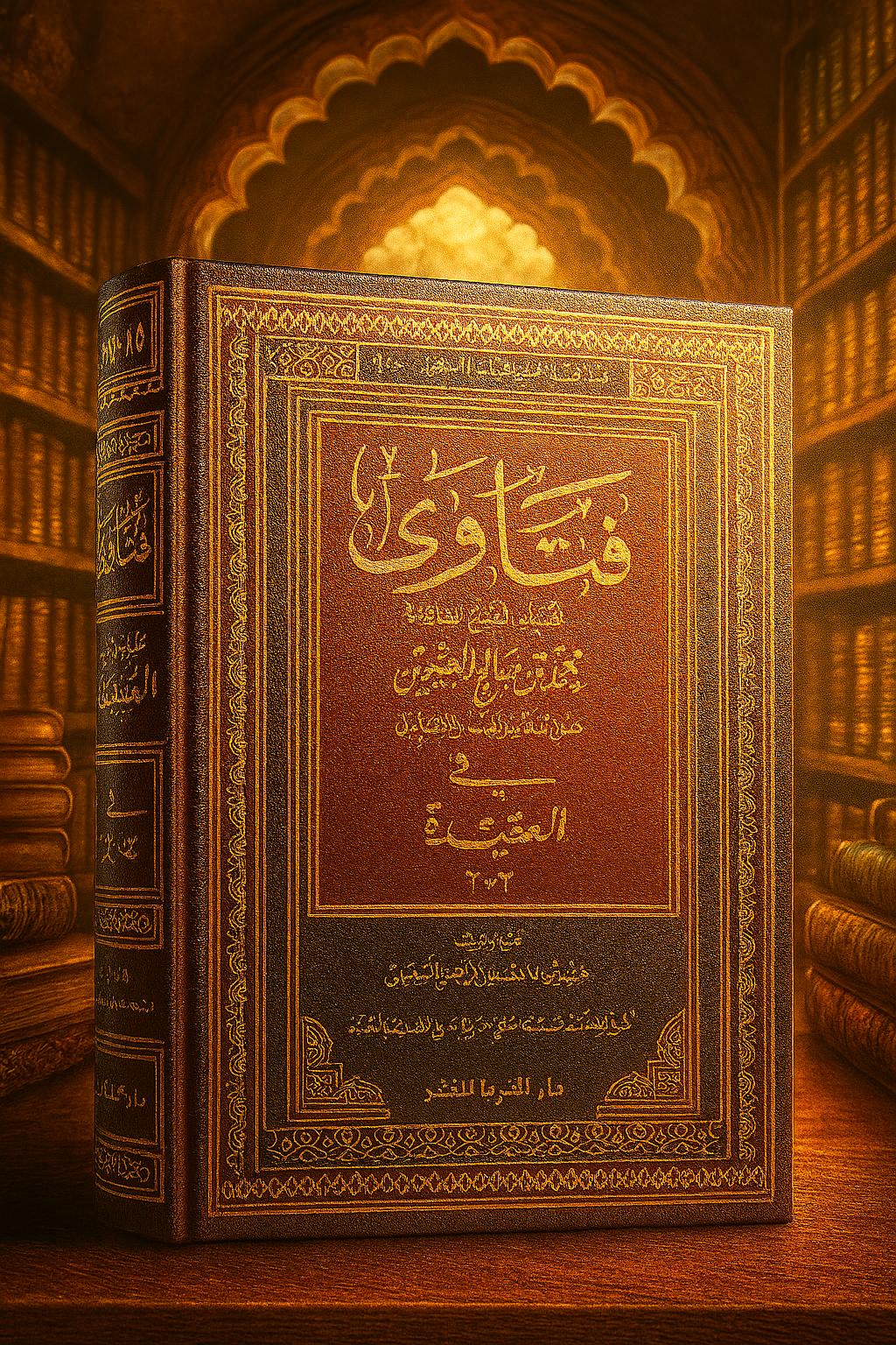 Présentation du livre 'Fatawa' du cheikh Ibn Uthaymin dans un décor noble et lumineux, pour mettre en valeur sa richesse et son importance.