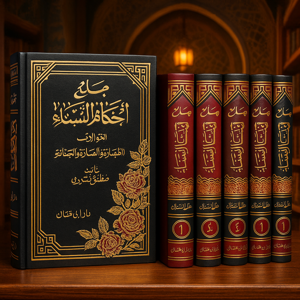 Ensemble complet de 5 volumes 'Jami' Ahkam al-Nisa'' – un ouvrage de référence sur les règles religieuses concernant les femmes, dans un écrin raffiné et élégant.