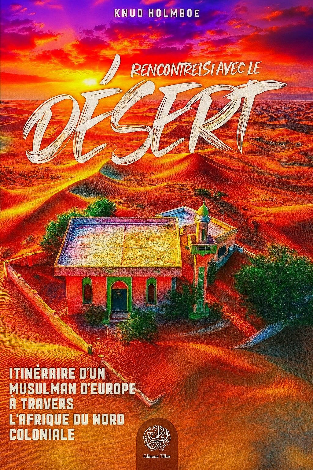 Couverture du livre "Rencontres avec le désert" de Knud Holmboe – récit de voyage d’un Européen musulman à travers l’Afrique du Nord coloniale. Une mosquée isolée au cœur du désert, dunes dorées, ciel flamboyant, et itinéraire spirituel captivant. Éditions Tilkas.
