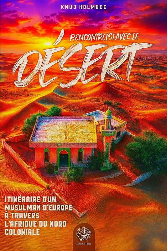 Couverture du livre "Rencontres avec le désert" de Knud Holmboe – récit de voyage d’un Européen musulman à travers l’Afrique du Nord coloniale. Une mosquée isolée au cœur du désert, dunes dorées, ciel flamboyant, et itinéraire spirituel captivant. Éditions Tilkas.