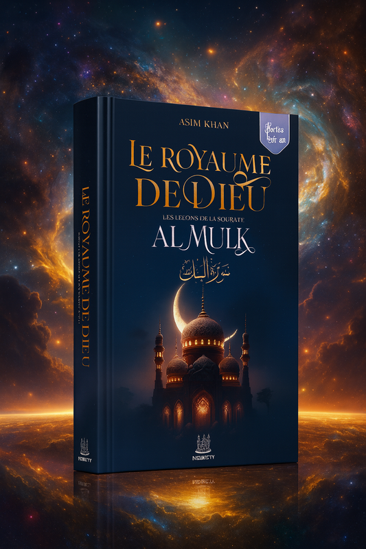 Visuel 3D HDR du livre "Le Royaume de Dieu – Les leçons de la sourate Al Mulk" d'Asim Khan, couverture élégante avec mosquée dorée et croissant de lune sur fond cosmique, livre islamique disponible sur boutique musulmane en ligne.