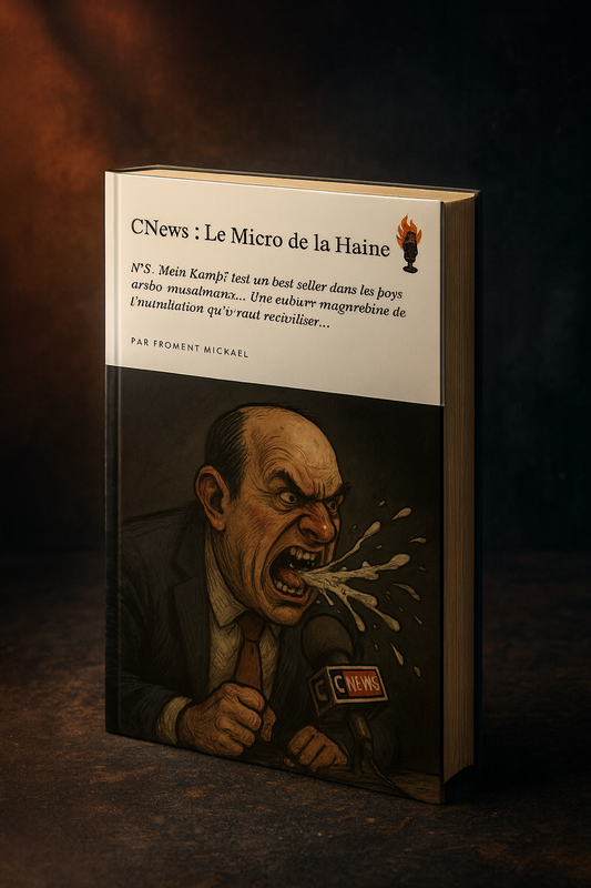 Couverture du livret “CNews : Le Micro de la Haine” (N°6) en 3D, critique des discours islamophobes, chroniqueur furieux devant un micro.