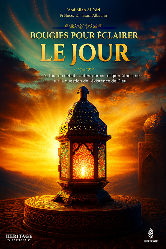Couverture du livre "Bougies pour éclairer le jour" de ‘Abd Allah Al ‘Ajiri, préfacé par Dr. Issam Albachir, mettant en scène une lanterne orientale richement décorée diffusant une lumière chaleureuse, posée sur un socle sculpté, avec un ciel aux teintes orangées et dorées en arrière-plan. Un visuel saisissant et spirituel évoquant la lumière de la foi face aux ténèbres du doute, sur fond de débat contemporain entre religion et athéisme.