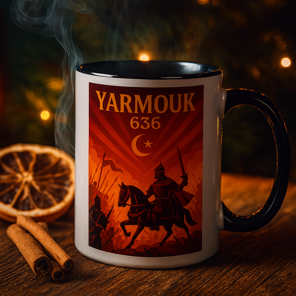 Mug historique et stylisé à l’effigie de la bataille de Yarmouk (636), illustré avec des teintes chaudes et un design guerrier inspirant. Idéal pour les amateurs d’histoire islamique, ce mug unique accompagne vos moments thé en rappelant un tournant majeur de la civilisation. Atmosphère chaleureuse, fond boisé et épices d’Orient : un cadeau à fort caractère.