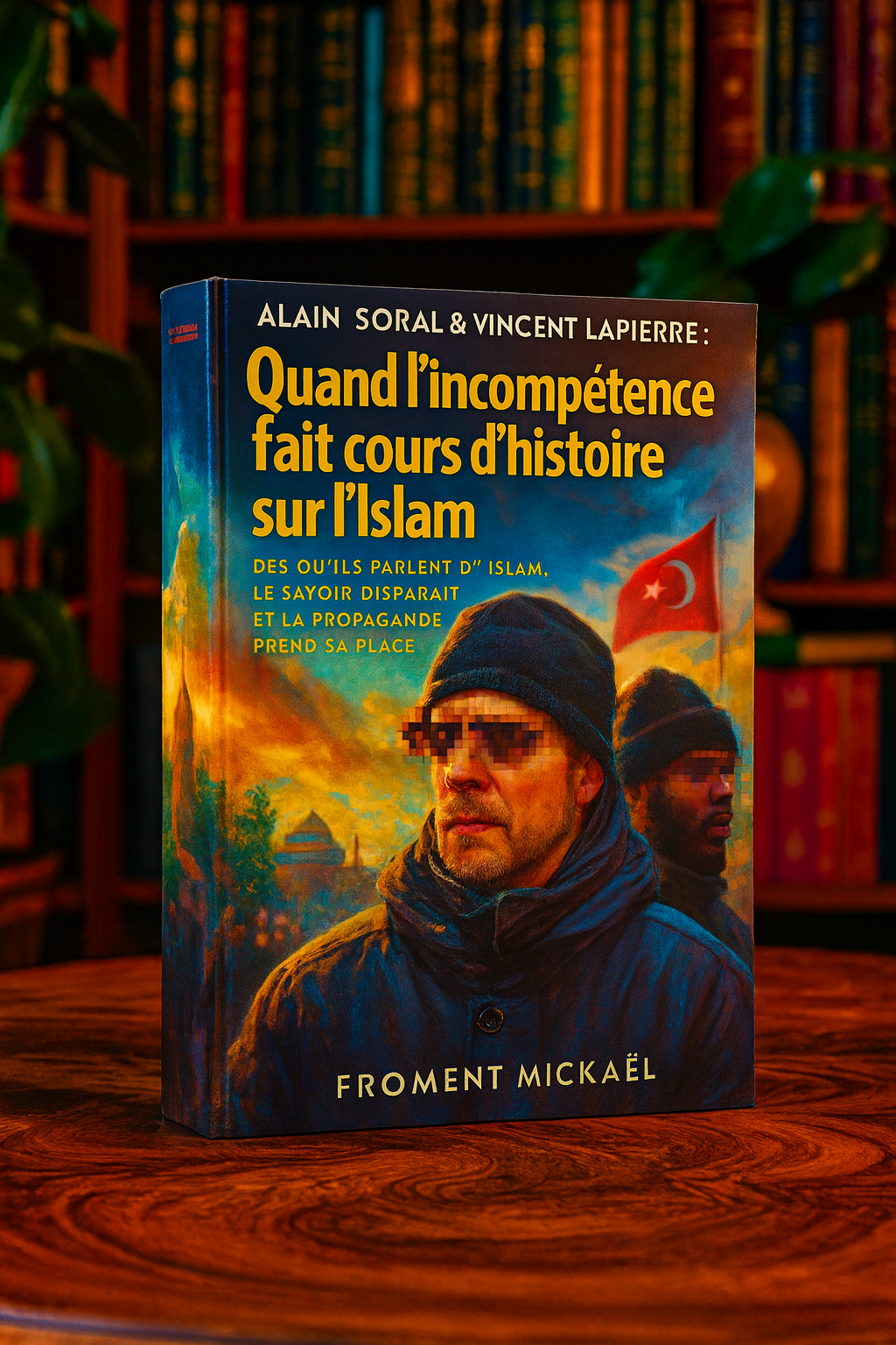 Livre : “Alain Soral & Vincent Lapierre – Quand l’incompétence fait cours d’histoire sur l’Islam”, un ouvrage de Froment Mickaël dénonçant les erreurs historiques et la propagande autour de l’Islam. Couverture percutante avec ambiance dramatique, couleurs vives et atmosphère engagée.
