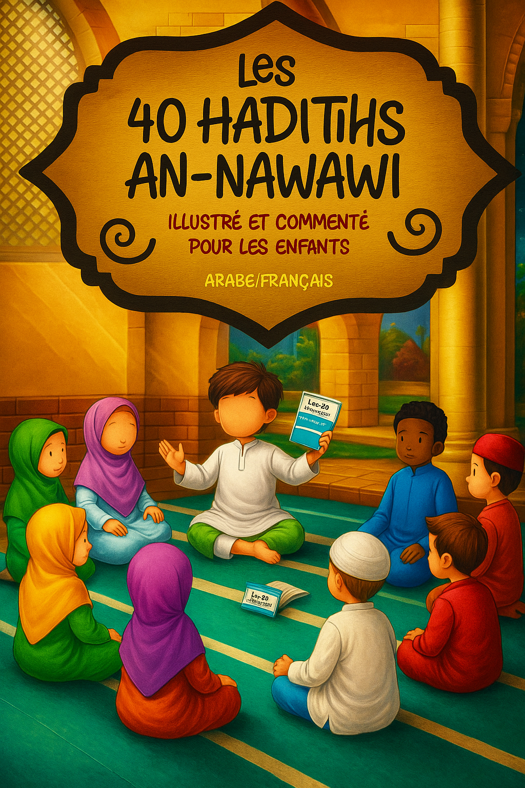 Livre islamique pour enfants – 40 hadiths An-Nawawi illustrés, bilingue arabe/français, apprentissage ludique et éducatif.