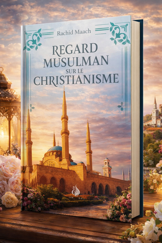 Livre 3D Regard Musulman sur le Christianisme de Rachid Maach – ouvrage comparatif islam et christianisme, couverture illustrée avec mosquée et église au coucher de soleil, édition religieuse dialogue interreligieux.