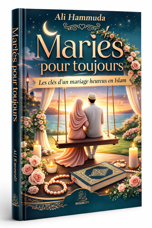 Livre Mariés pour toujours d’Ali Hammuda en format 3D, guide islamique sur le mariage heureux, couple musulman au coucher du soleil, édition MuslimCity