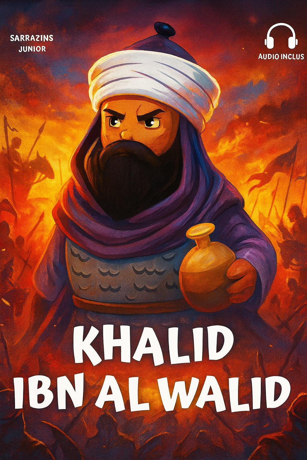 Livre pour enfants Khalid Ibn al-Walid – Héros de l’Islam, stratège légendaire, compagnon du Prophète ﷺ. Histoire illustrée, ludique et éducative avec audio inclus. Parfait pour initier les plus jeunes à l’Histoire islamique.