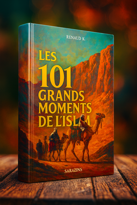 Livre 3D « Les 101 Grands Moments de l’Islam » – Renaud K., histoire de l’islam, couverture désert/caravane, posé sur table bois.