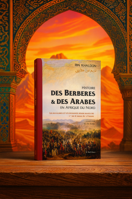 Livre d’Ibn Khaldûn Histoire des Berbères et des Arabes en Afrique du Nord en 3D, posé sur un décor oriental haut en couleurs, avec un fond historique et lumineux. Ouvrage rare et incontournable sur l’histoire des dynasties musulmanes du Maghreb.