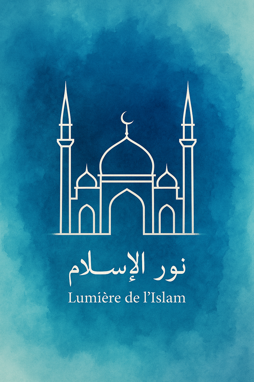 Illustration minimaliste d’une mosquée blanche aux lignes élégantes, posée sur un fond aquarelle bleu et turquoise. En dessous, inscription en arabe « نور الإسلام » et en français « Lumière de l’Islam ». Design moderne et esthétique, idéal pour un mug décoratif ou spirituel.
