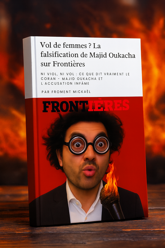 Couverture du livret « Vol de femmes ? La falsification de Majid Oukacha sur Frontières » – Réfutation islamophobie, 17 pages, réponse documentée au verset 4:24 (Sourate An-Nisa). Analyse historique, exégèse coranique, Juwayriyya, Safiyya, captives d’Awṭâs. Dénonciation des mensonges sur le viol et le vol de femmes attribués à l’Islam.
