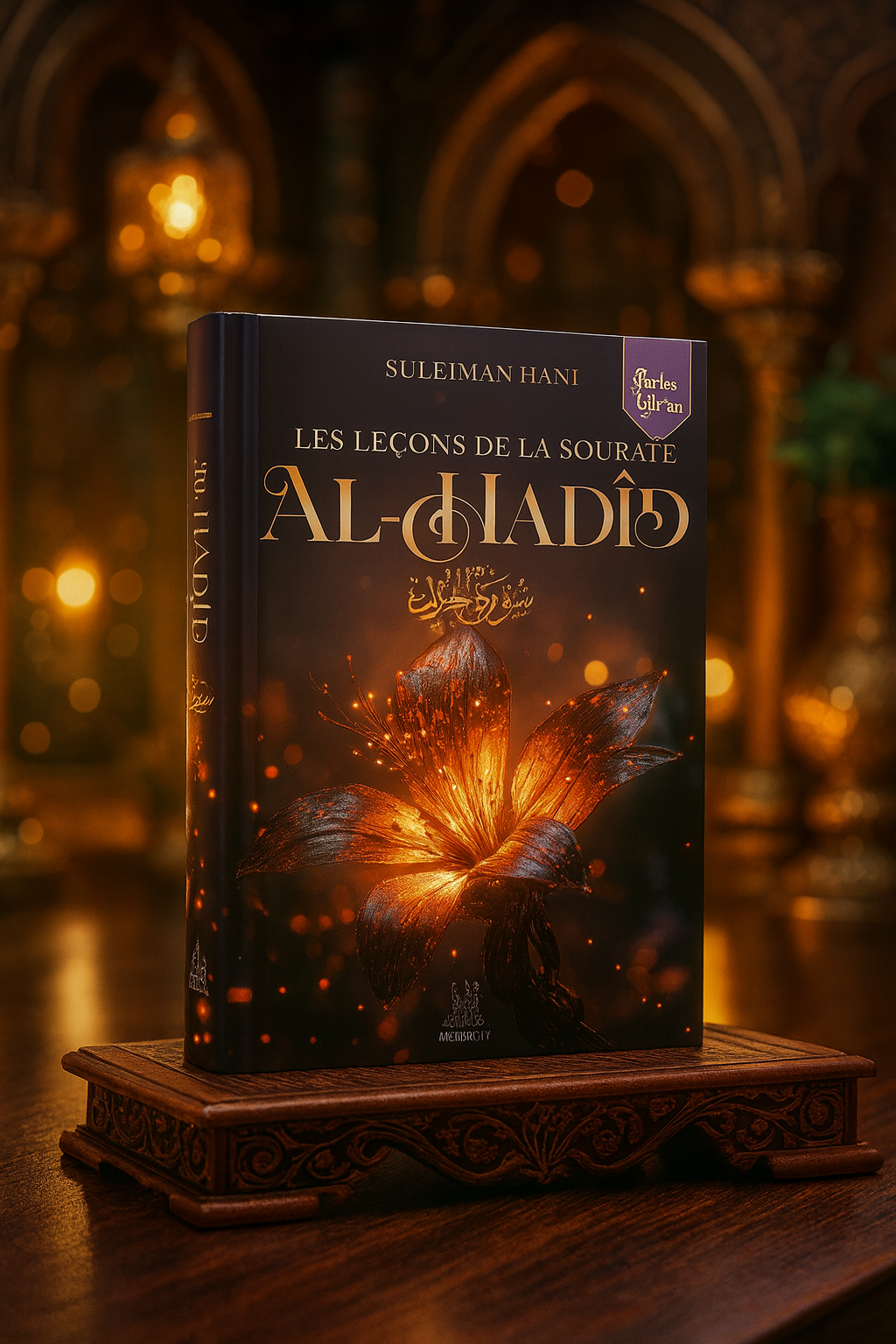 Livre islamique "Les Leçons de la Sourate Al-Hadîd" de Suleiman Hani – édition Perles du Qur’an, couverture 3D posée sur table en bois sculptée, décor oriental lumineux en arrière-plan. Ouvrage spirituel sur la sourate 57 du Coran, explication et méditation pour musulmans francophones – produit boutique MuslimCity.