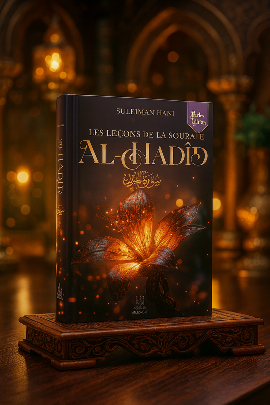 Livre islamique "Les Leçons de la Sourate Al-Hadîd" de Suleiman Hani – édition Perles du Qur’an, couverture 3D posée sur table en bois sculptée, décor oriental lumineux en arrière-plan. Ouvrage spirituel sur la sourate 57 du Coran, explication et méditation pour musulmans francophones – produit boutique MuslimCity.