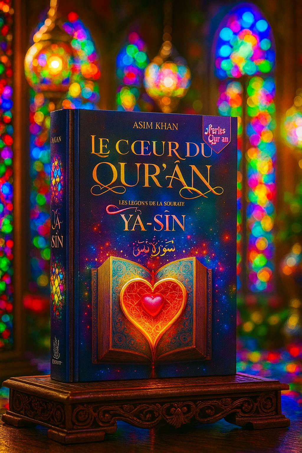 Livre islamique "Le Cœur du Qur’ân – Les Leçons de la Sourate Yâ-Sîn" de Asim Khan, édition Perles du Qur’an, mis en valeur en 3D sur socle en bois sculpté, avec décor oriental lumineux et vitraux colorés en arrière-plan. Ouvrage spirituel sur la sourate Yâ-Sîn, méditations coraniques pour musulmans francophones, produit boutique MuslimCity.