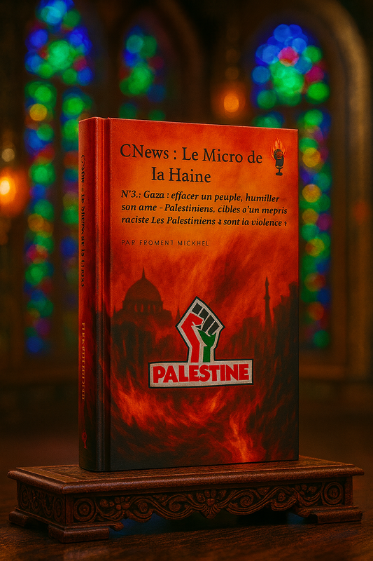 Livre "CNews : Le Micro de la Haine – Numéro 3" par Froment Mickaël, analyse critique des propos islamophobes et racistes sur CNews visant les Palestiniens. Couverture rouge feu avec poing levé aux couleurs de la Palestine, posé en 3D sur un socle en bois sculpté, fond oriental avec vitraux lumineux. Livret engagé contre la déshumanisation médiatique et pour la justice en Palestine – boutique baytmuslim.fr.