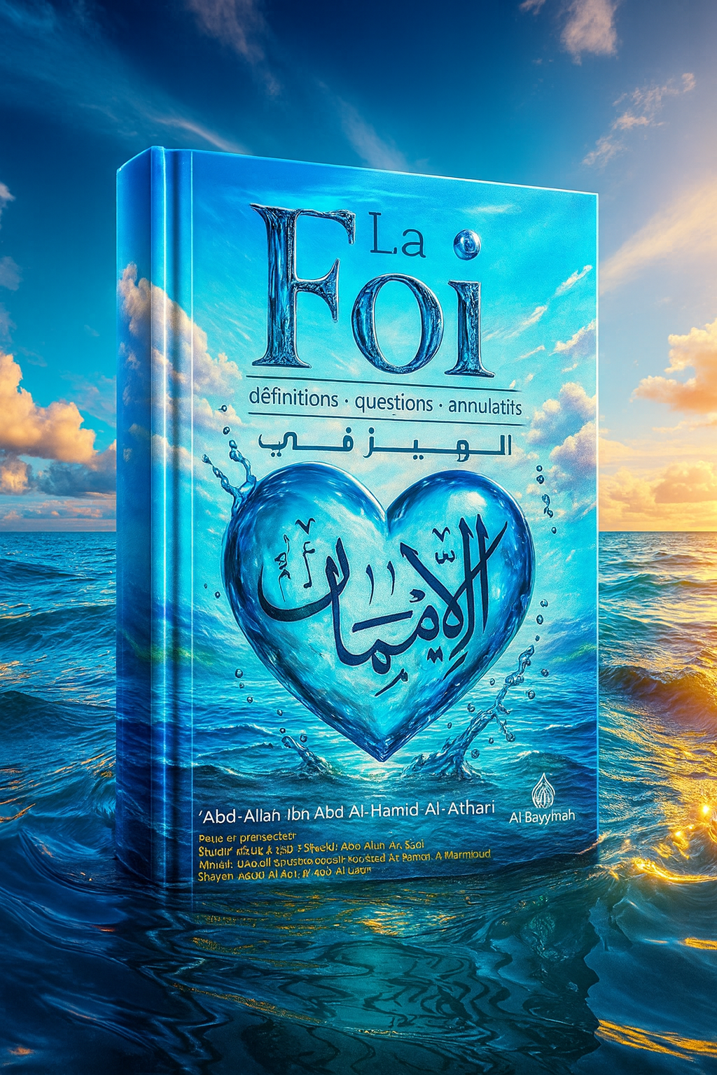 Livre islamique « La Foi – définitions, questions, annulatifs » flottant sur l’eau, effet 3D réaliste et HDR. Couverture avec calligraphie arabe en forme de cœur, couleurs bleues éclatantes et décor marin lumineux. Ouvrage d’‘Abd-Allah Ibn Abd Al-Hamid Al-Athari, édition Al Bayyinah. Idée cadeau religieux, spiritualité musulmane, achat impulsif boutique islamique.