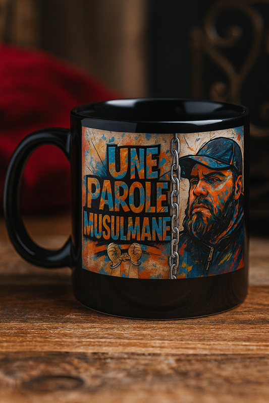 Mug noir UNE PAROLE MUSULMANE – Tasse en céramique avec design graffiti coloré, illustration artistique et message engagé. Accessoire musulman original, cadeau unique et décoratif.