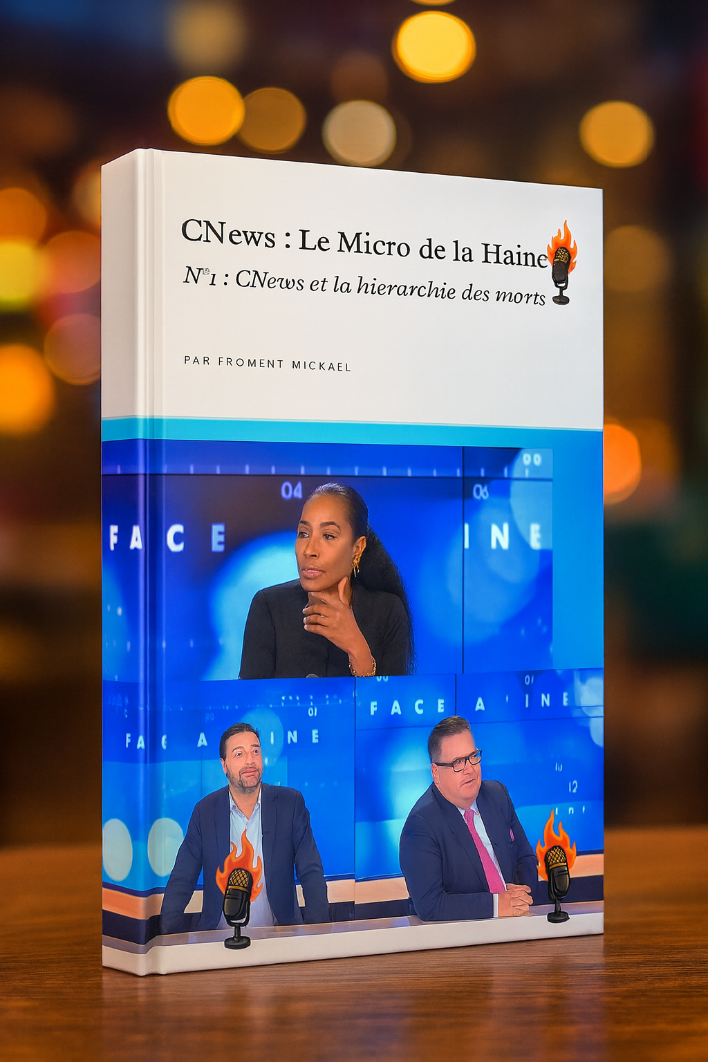 Couverture du livret "CNews : Le Micro de la Haine – N°1", dénonçant les propos de Céline Pina sur les enfants palestiniens tués à Gaza. Ce PDF engagé accuse la chaîne CNews de hiérarchiser les morts et de banaliser les discours islamophobes. Image percutante, haute en couleur, couverture 3D du livre en version militante, avec micro en flammes pour symboliser la haine médiatique.