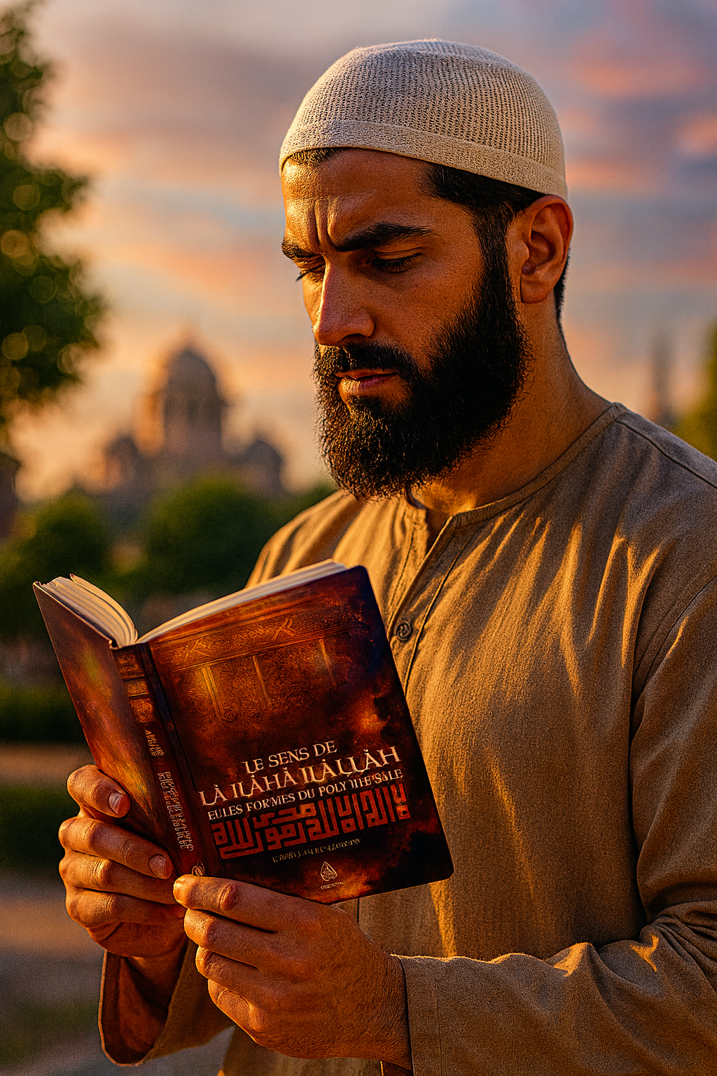 Couverture du livre "Le Sens de Lâ Ilâha Illallâh et les Formes du Polythéisme" de Cheikh Sâlih Al-Fawzân – édition Al Bayyinah – Calligraphie islamique, design HDR cinématographique, fond décoratif oriental, thématique tawhid et lutte contre le polythéisme, idéal pour boutique islamique ou librairie musulmane en ligne.