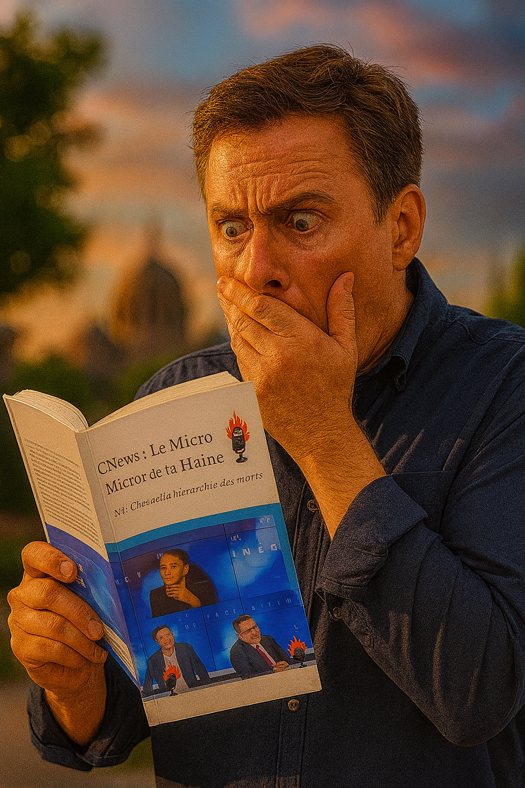 Couverture du livret "CNews : Le Micro de la Haine – N°1", dénonçant les propos de Céline Pina sur les enfants palestiniens tués à Gaza. Ce PDF engagé accuse la chaîne CNews de hiérarchiser les morts et de banaliser les discours islamophobes. Image percutante, haute en couleur, couverture 3D du livre en version militante, avec micro en flammes pour symboliser la haine médiatique.
